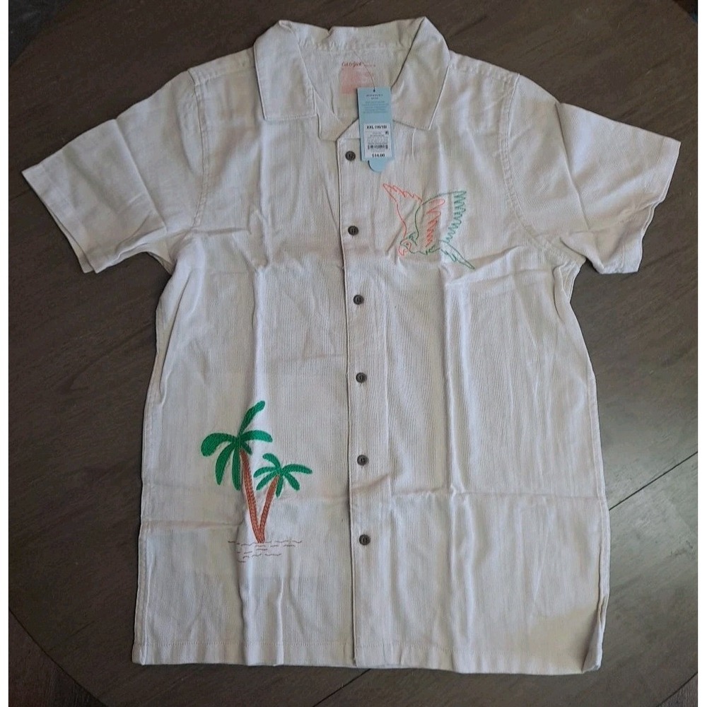 NWT Cat & Jack Boys XXL 16/18 Short Sleeve Embroidered Shirt Parrott Palm‎ Tree